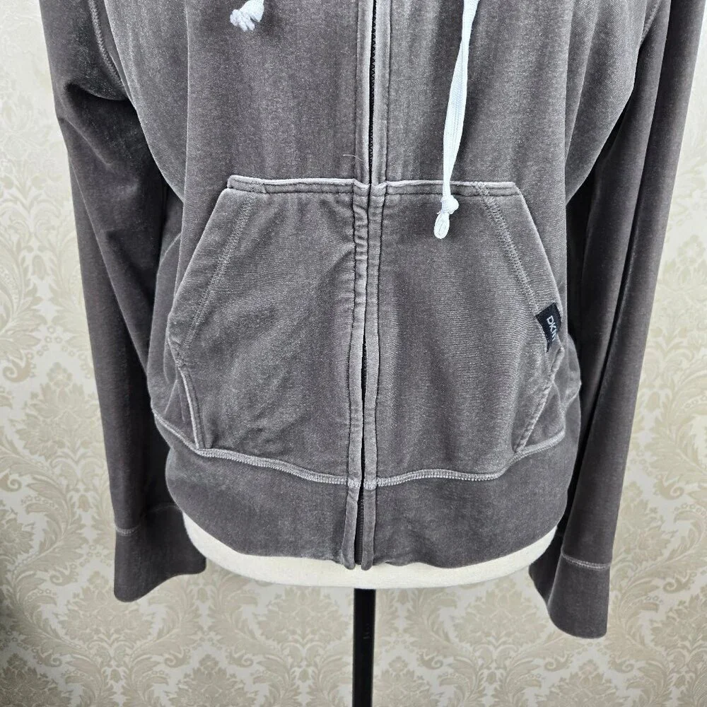 DKNY Sz Large Gray Velour Zip Front Casual Jacket Drawstring Hood Front Pockets